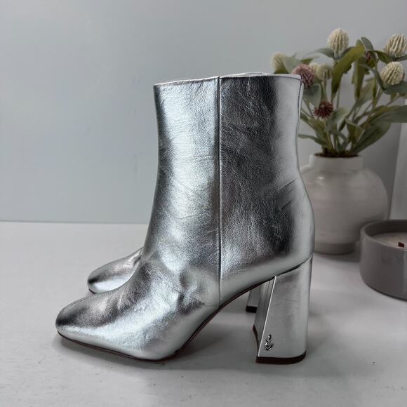 Sam Edelman Codie2 Leather Square Toe Block Heel Boot Silver Metallic Women 5.5M - Picture 1 of 10